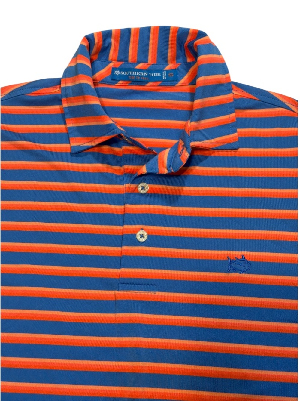 Southern Tide Blue and Orange Striped Polo Shirt